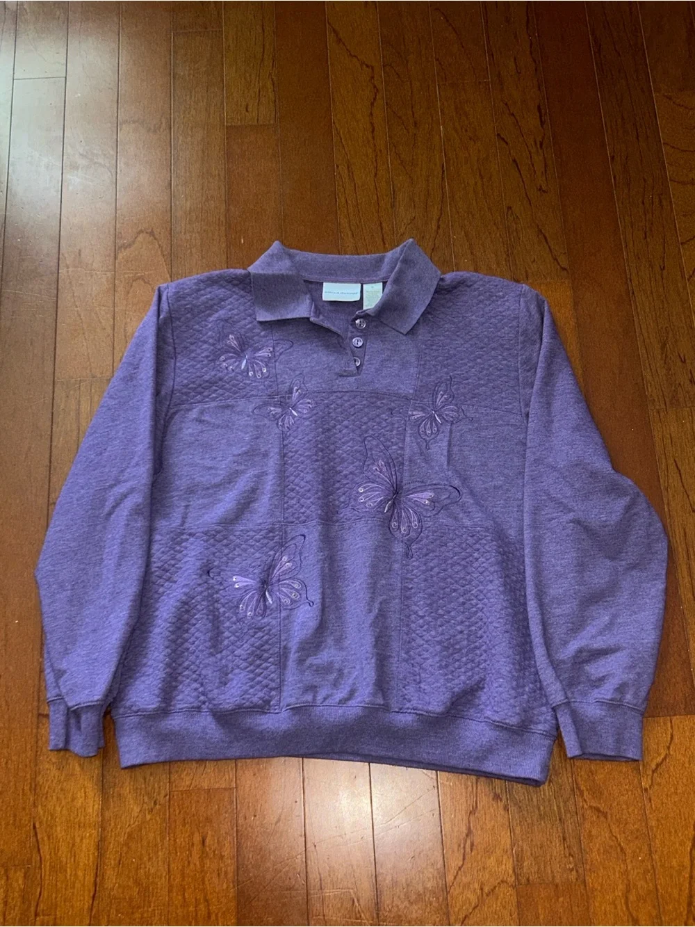 Alfred Dunner Embroidered Butterfly Beaded Sweater Collared Size XL Lavender